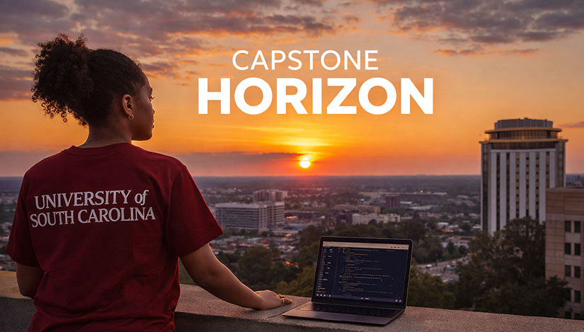 USC's Capstone Dorm, a tall white concrete building with gold circular top, framed by tall trees.