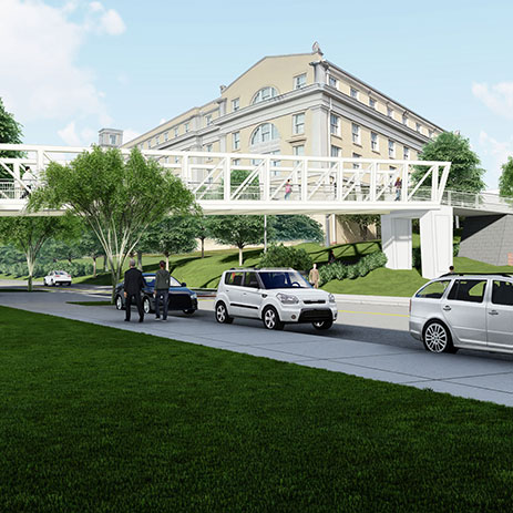 Rendering of Wheat Street Pedestrian Bridge with South Quad in the background