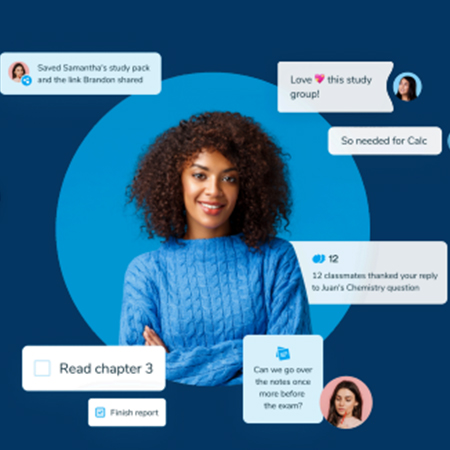 Woman in circle surrounded by text messages