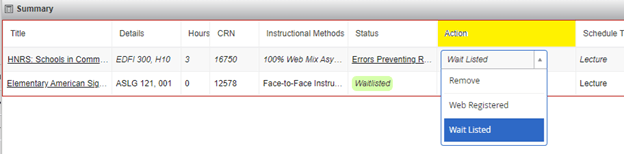 Screenshot showing the selection of Wait Listed from Action dropdown menu for a section that has a wait list seat available.