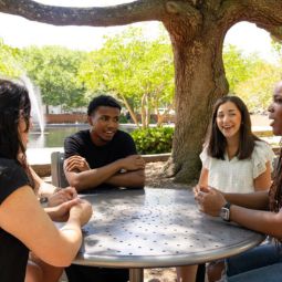 people sitting around a table outside