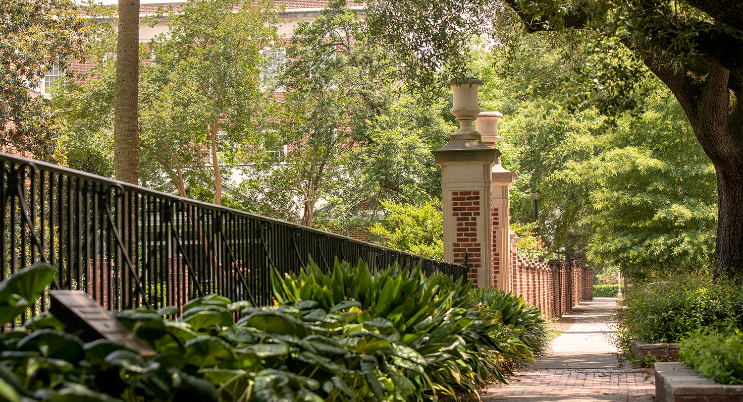 The lush walkway surrounded by trees and the historic horseshoe gates.