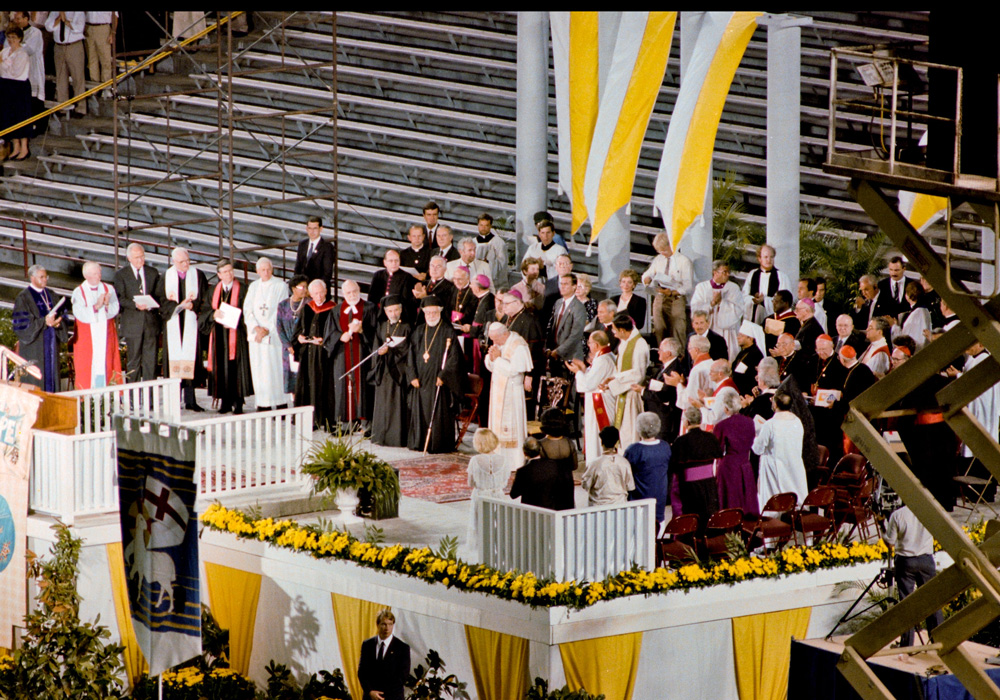 Pope John Paul II addresses a crowd of 60,000 at Williams-Brice Stadium