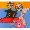 cartoon image of woman with beehive hairdo and film projector