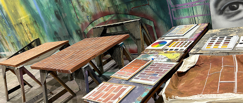 Various painted boards and surfaces displaying different brick patterns and color swatches are arranged on sawhorses in a workshop setting, with a vibrant, graffiti-like mural in the background.