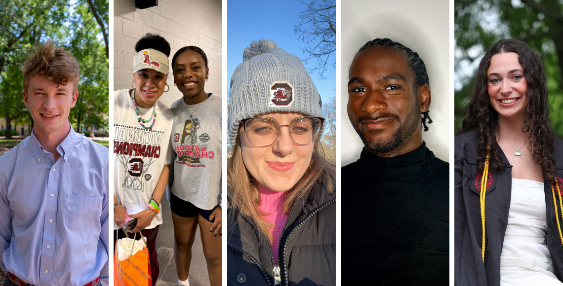 A collage of five University of South Carolina graduates, each smiling in various settings—from campus walkways and sports arenas to indoor and outdoor portraits—celebrating their unique college experiences.