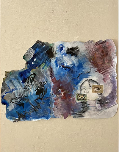 A mixed media artwork with jagged edges featuring swirling blues, blacks, and purples, abstract fish-like forms, and a ghostly human figure with two collage-style eyes superimposed over the face, conveying a dreamlike, fragmented narrative.