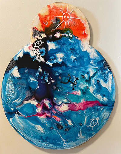 A vibrant abstract painting in a snowman-like shape, featuring swirling layers of blue, pink, white, and red with celestial and symbolic markings throughout, titled Tierra y Cielo.