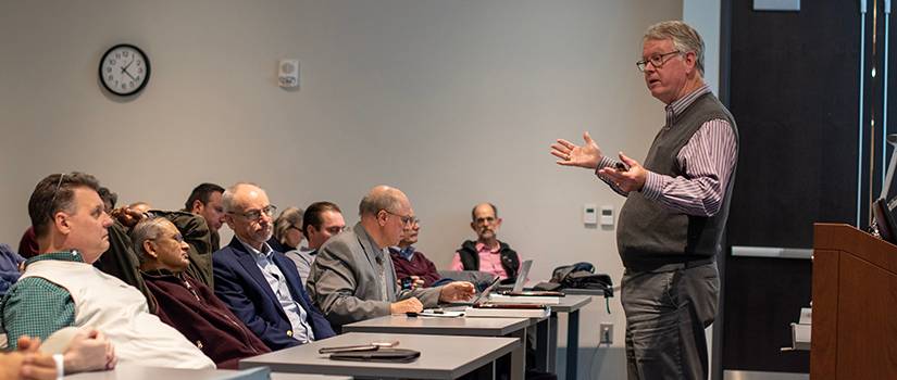 Matthews lecturing engineering and computing faculty