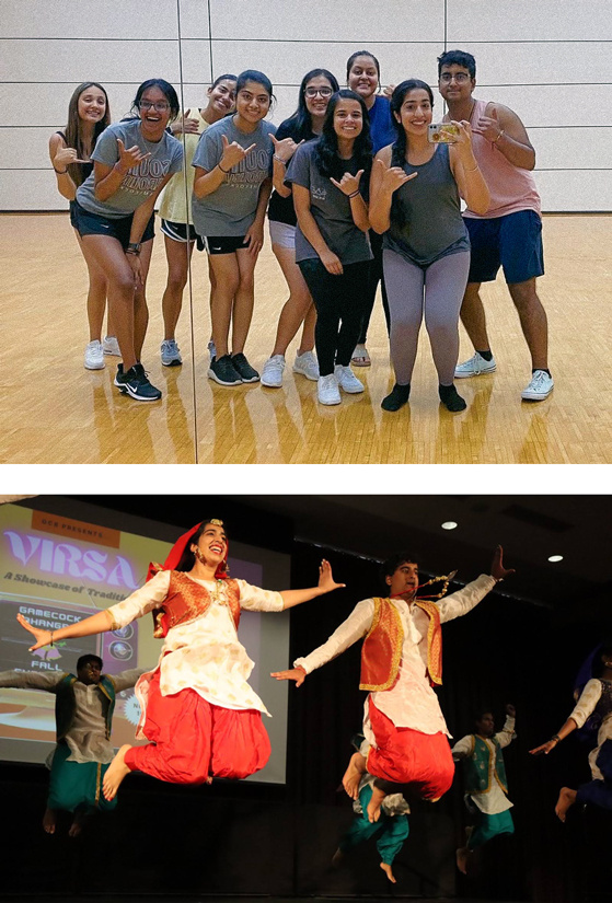 Group of students smiling and dancing