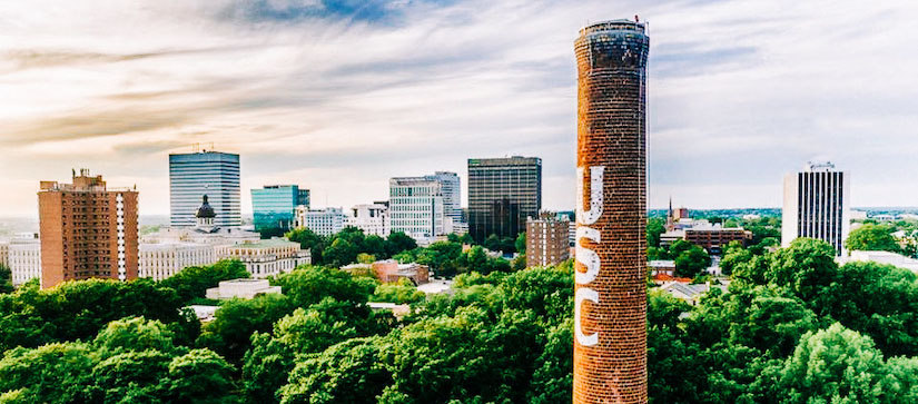 USC smokestack towering over Columbia, SC