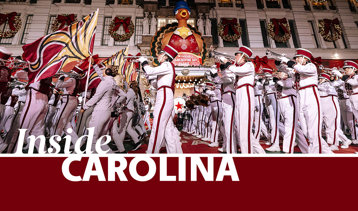 graphic that has a frame with the words Inside Carolina over an image of a marching band in the Macy's Thanksgiving Day Parade 