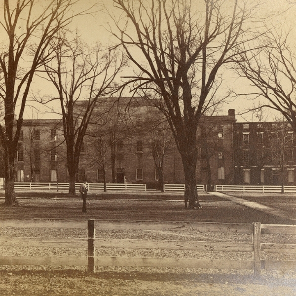An archival image of housing on the USC Horseshoe. 